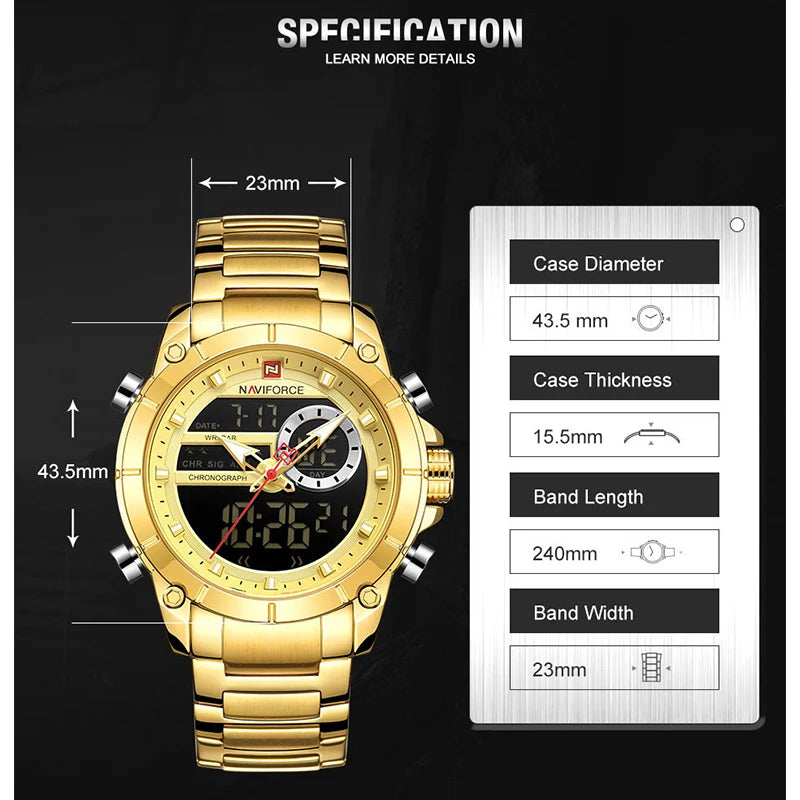 NAVIFORCE 9163 Luxury Original Sport Wrist Watch For Men Quartz Steel Waterproof Dual Display Military Watches Relogio Masculino Beauty World Shop