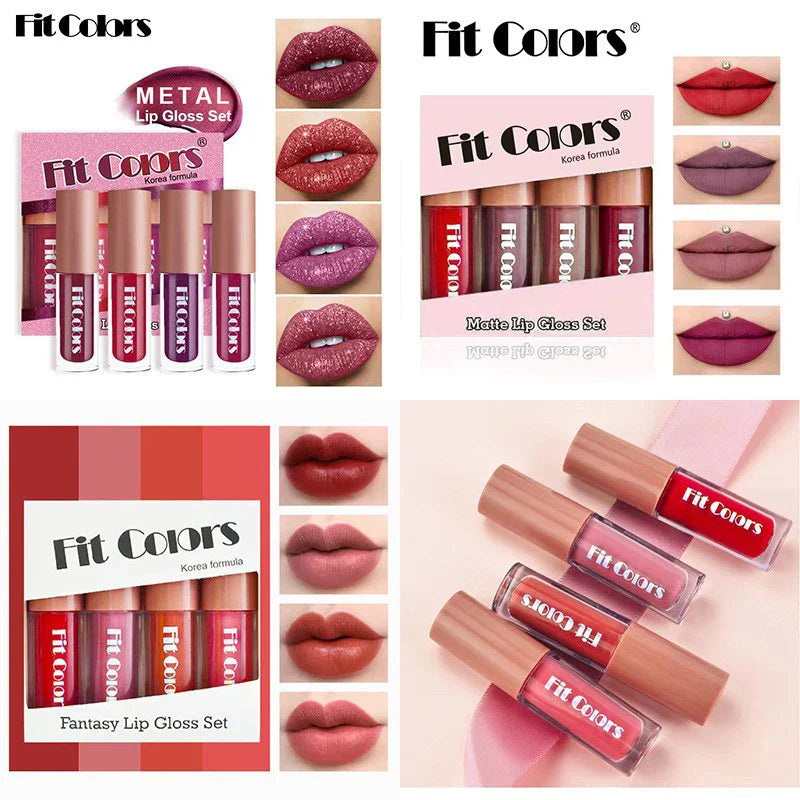 Fit Colors Velvet Lip Gloss Set — 4-Piece Non-Transfer, Diamond Finish, Long-Lasting Lip Gloss Collection Beauty Trend Shop