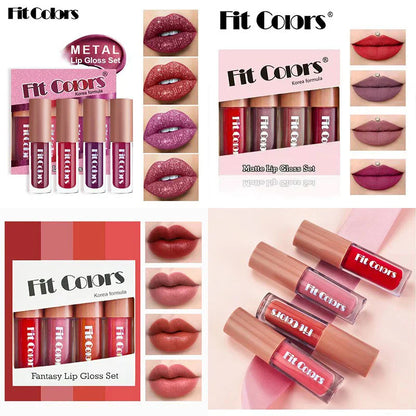 Fit Colors Velvet Lip Gloss Set — 4-Piece Non-Transfer, Diamond Finish, Long-Lasting Lip Gloss Collection Beauty Trend Shop