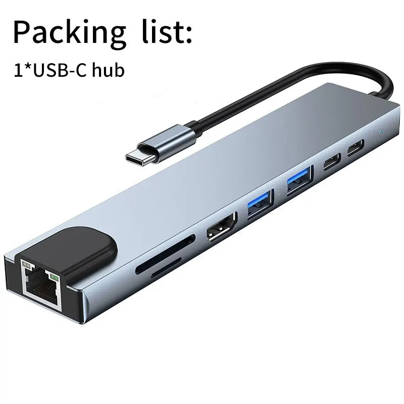 Usb 8 In 1 Type C 3 1 To 4k HdTV Hub Adapter With Sd Tf Rj45 Card Reader Pd Fast Charge For Macbook Notebook Computer Beauty World Shop