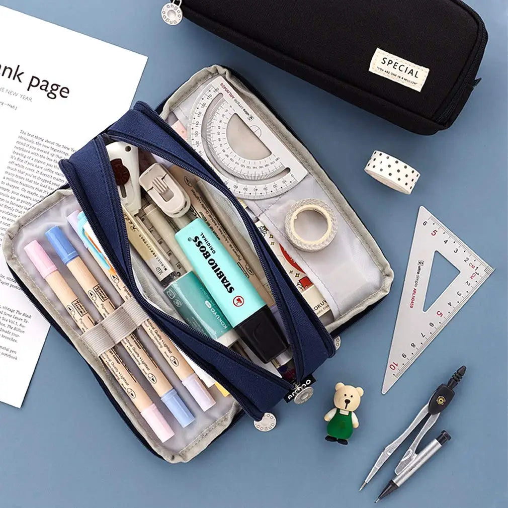 Pencil Case Large Space Storage 3 Compartment Pouch Double Side Opened Student Stationery Desk Organizer School Supplies Beauty World Shop