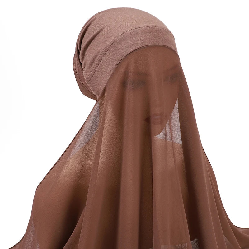 Muslim Women Bonnet + Chiffon Shawl Instant Under scarf Cap Islam Inner Scarf Headband Stretch Hijab Cover Headwrap Turbante Beauty World Shop