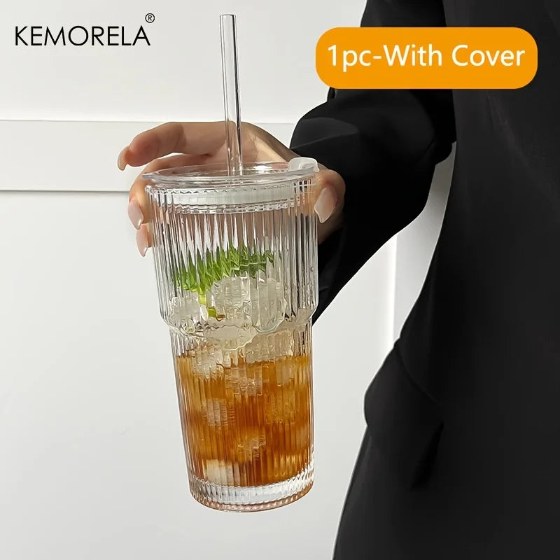 600ML Stripe Glass Coffee Cup With Lid and Without Cover Straw Transparent Drinking Glasses for Juice Iced Coffee Mugs Drinkware Beauty World Shop