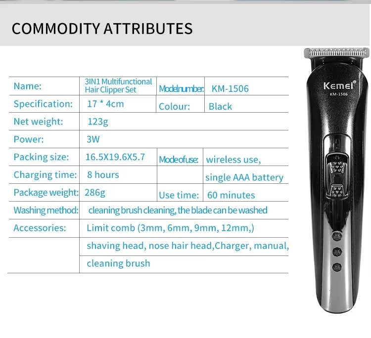 Kemei KM-1506 3 in 1 Electric Hair Clipper USB Charging Shaver Rechargeable Nose Hair Trimmer Professional Shaving Machine Beauty World Shop