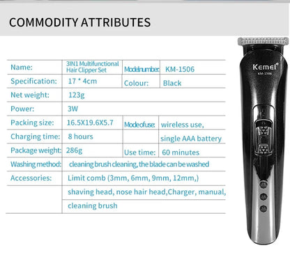 Kemei KM-1506 3 in 1 Electric Hair Clipper USB Charging Shaver Rechargeable Nose Hair Trimmer Professional Shaving Machine Beauty World Shop