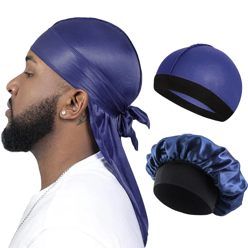 3PCS/LOT Men Silky Durag Long Tail Pirate Hat Headband Turban Dome Wave Cap Unisex Wig Cap Elastic Band Satin Bonnet Beauty World Shop