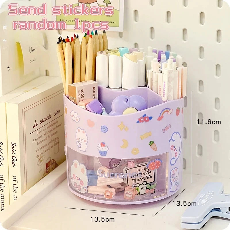 Cute Rotating Pen Holder Desktop Drawer Stationery Box Case School Office Desk Kawaii Stationery Storage Box Organizer Stickers Beauty World Shop