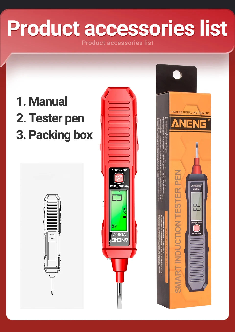 ANENG VD807 One-word Induction Portable 50/60Hz Smart Electric Pen Tester NCV Sensor AC 12-300V Non-contact Wire Detector Tools Beauty World Shop