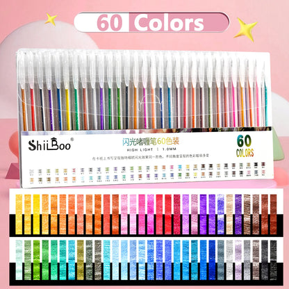 60 Colors Glitter Gel Pen 1.0mm Metal Glitter Color Ballpoint Pen Paper Cardstock Diary Drawing Marking Coloring DIY Art Beauty World Shop