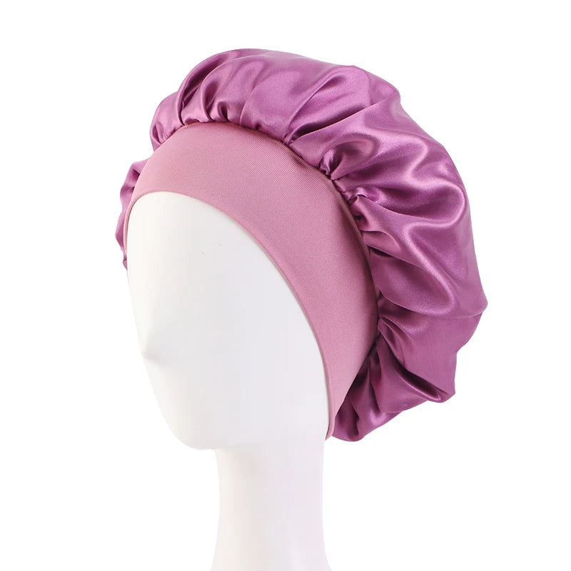 New Women's Satin Solid Wide-brimmed Sleeping Hat Unisex Head Wrap Elastic Band Cap Hair Care Bonnet Night Hat bonnet de nuit Beauty Fashion
