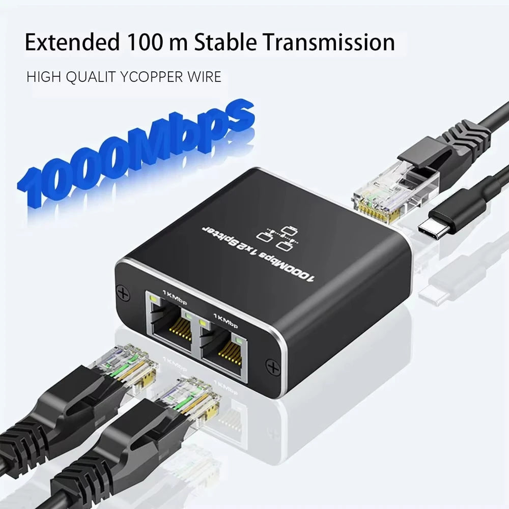 Network Splitter 1000Mbps Hub 1 to 2 RJ45 Adapter Gigabit Converter Internet Ethernet 8P8C Set-Top Extender Plug Extension ﻿ Beauty World Shop
