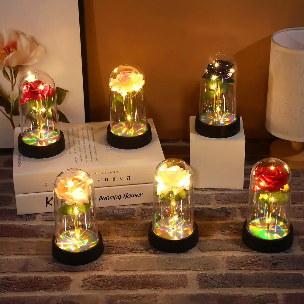 Artificial Flowers LED Red Rose Creative Valentine's Day Gift Rose in Glass Cover with Stand Light Up Rose Wedding Galaxy Rose Beauty World Shop
