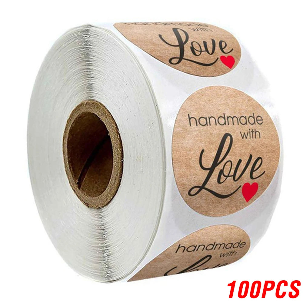 100-500pcs 1inch Vintage Kraft Paper Handmade With Love Stickers for Package Thank You Stationery Adhesive Labels Baking Seals Beauty World Shop