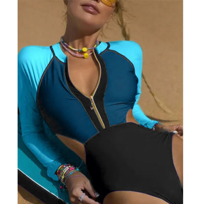 New Patchwork One-Piece Swimsuit Long Sleeve Swimwear Sports Backless Women's Swimming Bathing Suit Beach Wear Bather Surfing Beauty World Shop