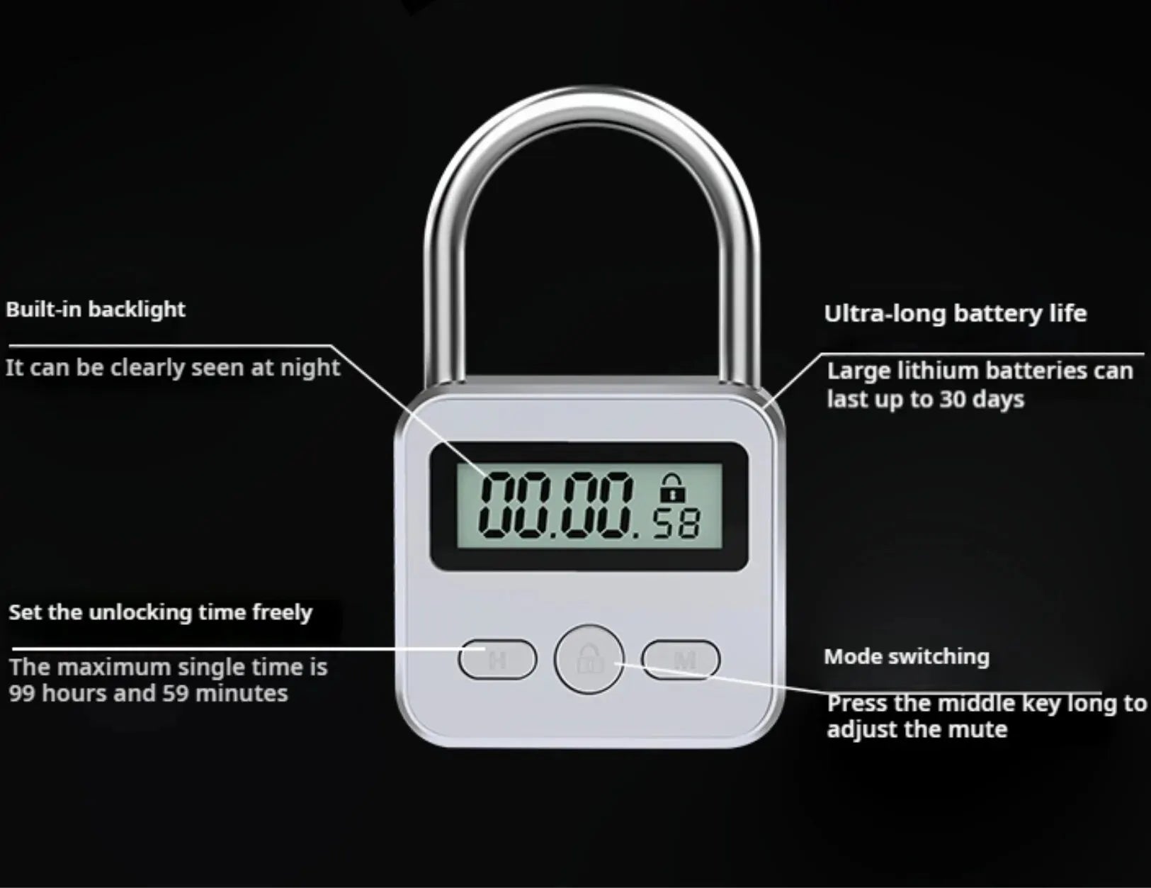 Timer Padlock LCD HD Display Add Backlight Zinc Alloy 99 Hours Max Timing Super Long Standby Anti-addiction Electronic Lock Beauty Trend Shop
