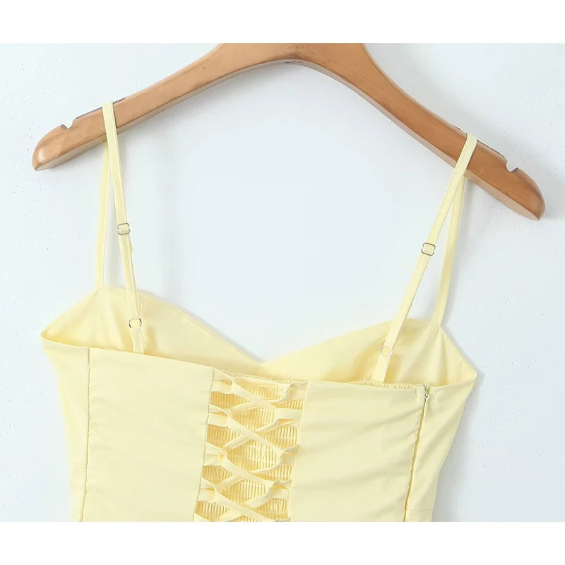 YENKYE Sexy Elegant Women Fishbone Waist Shaping Sling Mini Dress Lace Up Back Fit And Flare  Summer Party Dresses Yellow Robe Beauty World Shop
