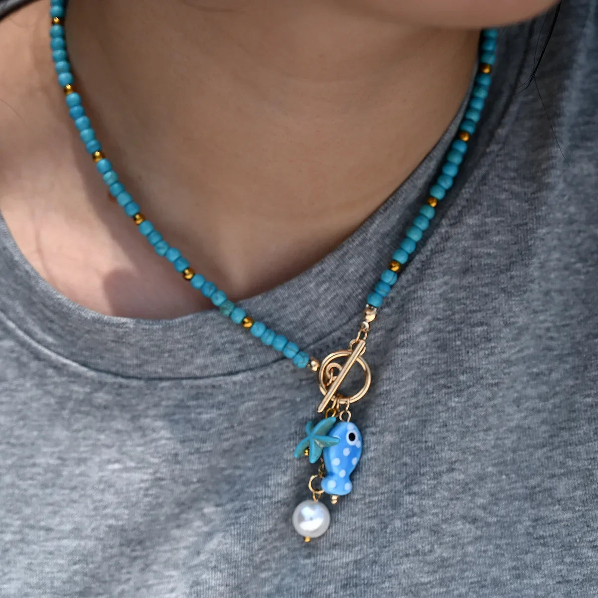 Bohemian Sea-Inspired Ceramic Fish & Starfish Pendant Necklace Dopamine Rainbow Color Beads Necklaces Beach Jewelry Beauty Trend Shop