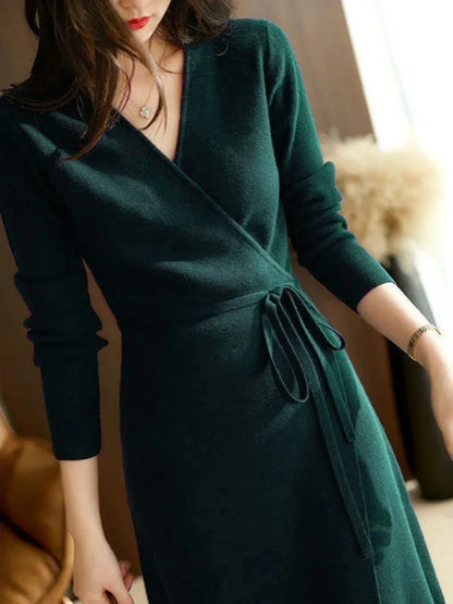 Autumn Winter Sweater Womens Dresses V-neck Wrap Up Dress for Women Woman Clothing Korean Version Loose Elegant Knitted Skirt Beauty World Shop
