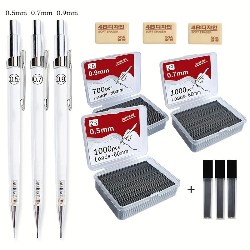 Transparent Mechanical Pencils 0.5 0.7 0.9mm with Lead 2B 60mm Art Drawing Automatic Pencil Replaceable Refills with 2 Tubes Beauty World Shop