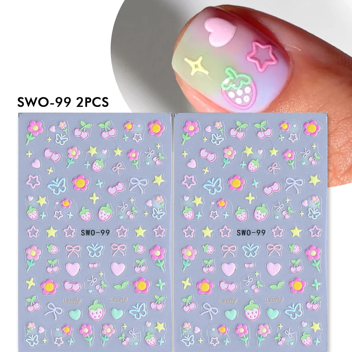 2pcs Sweet Element Nail Art Stickers Simple Flower Heart Cherry Strawberry Kawaii Decals Colorful Bow Butterfly Manicure Sliders Beauty World Shop