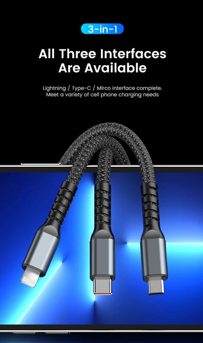 3 In 1 100w Transparent Fast Charging Cable Type C Usb Micro For Huawei OPPO Vivo Samsung Xiaomi Pilot Lamp Charger Usb C 6A Beauty World Shop