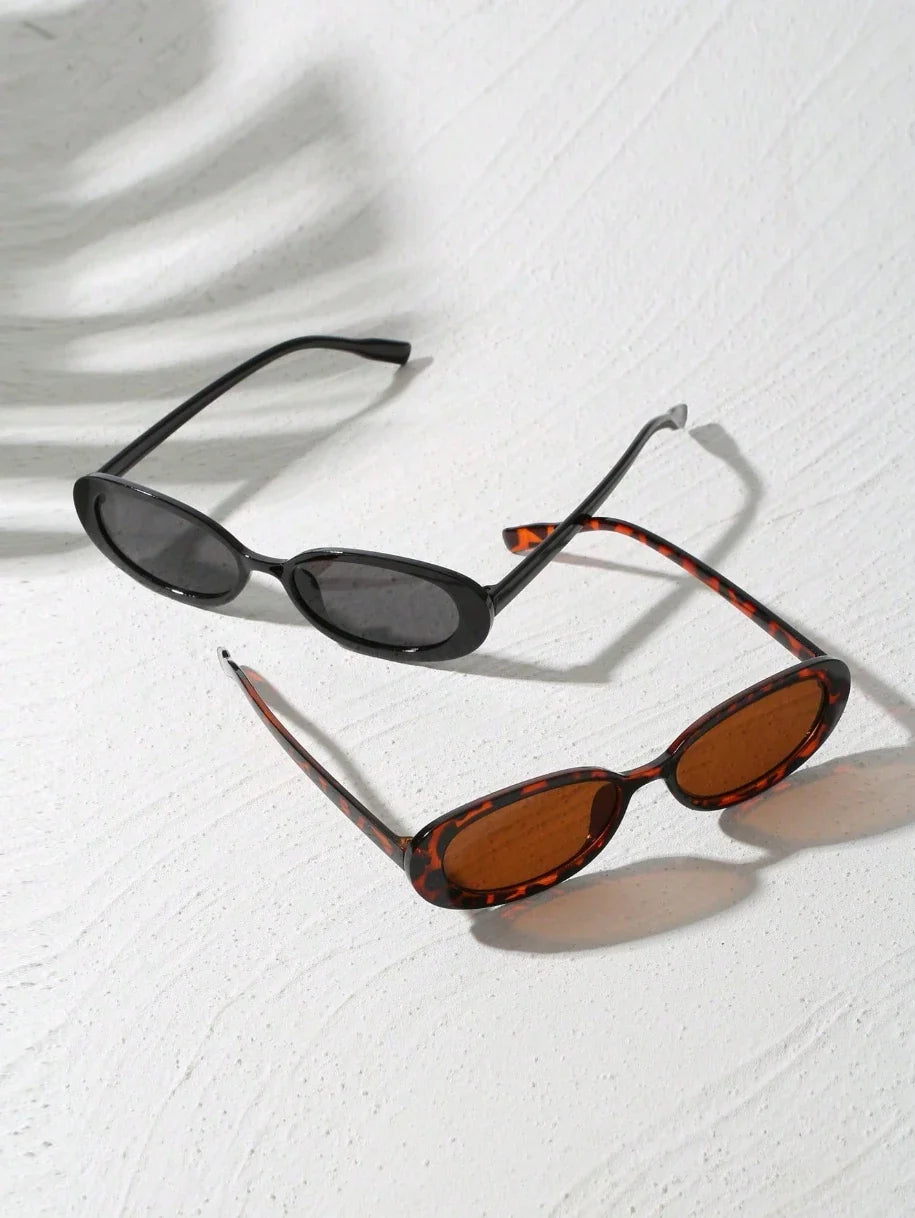 2pcs Vintage Small Frame Oval Shaped Plastic Sunglasses Outdoor Travel Beach Holiday UV Protection Fashionable Shade Travel Beauty Trend Shop