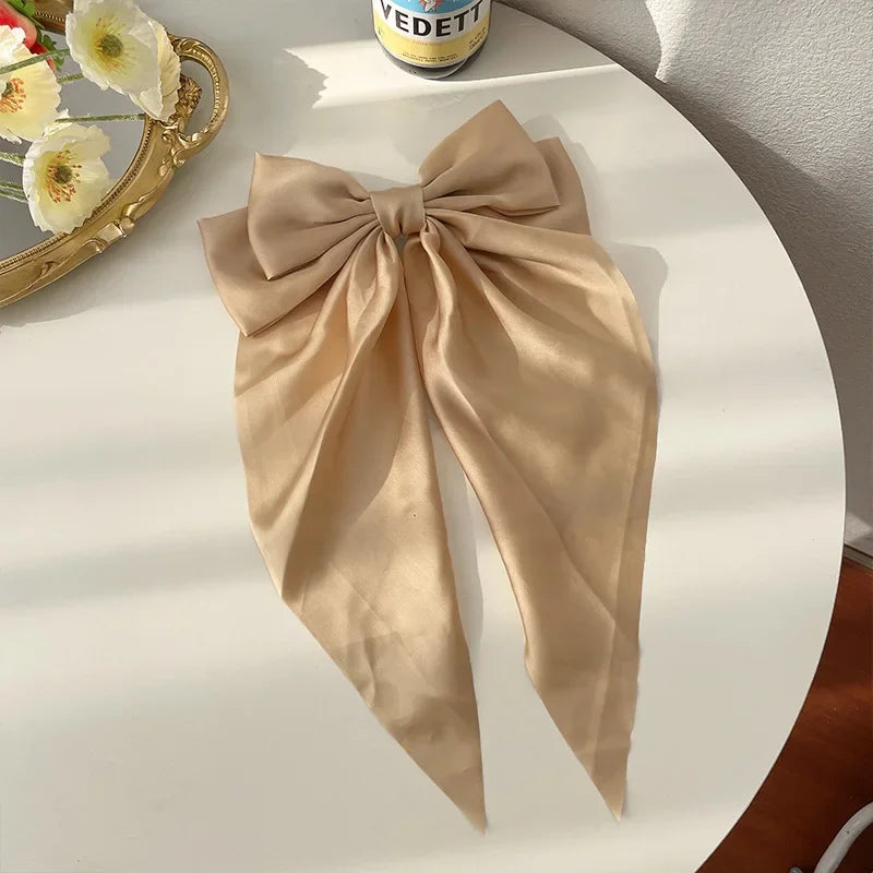 Korean Accessories Hair Clips for Women Girls Big Bowknot Solid Satin Long Ribbon Bows Spring Clamp Barette Cheveux Femme 2023 Beauty World Shop