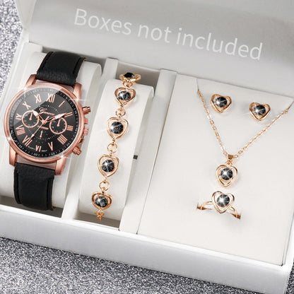 5/6PCS Fashion Women's Quartz Watch Leather Band Analog Wrist Watches Heart Rhinestone Jewelry Set(Without Box) Beauty World Shop