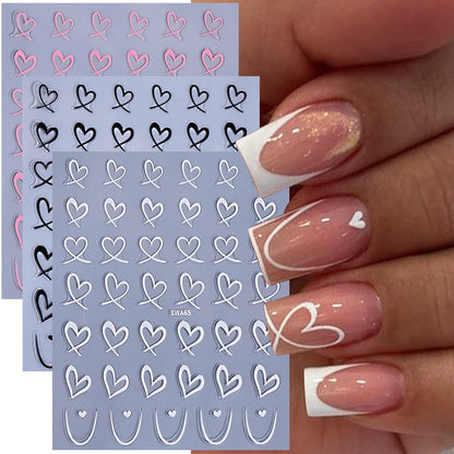 3pcs Valentine's Day Nail Art Stickers 3D Black White Pink Lines Love Heart Nail Decals DIY Adhesive Slider Manicure Decorations Beauty World Shop