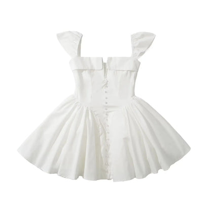 YENKYE Summer Women Sexy Fit And Flare White Mini Dresses Short Sleeve Low Waist Elegant Party Dress Ladies Bridesmaids Robe Beauty World Shop