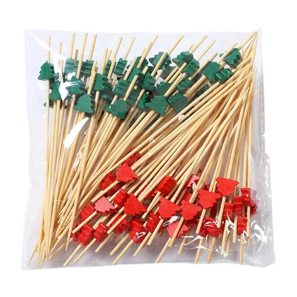100Pcs Christmas Bamboo Skewer Cocktail Picks Cupcake Topper Disposable Food Dessert Toothpicks Fruit Sticks Party Supplies Beauty Trend Shop