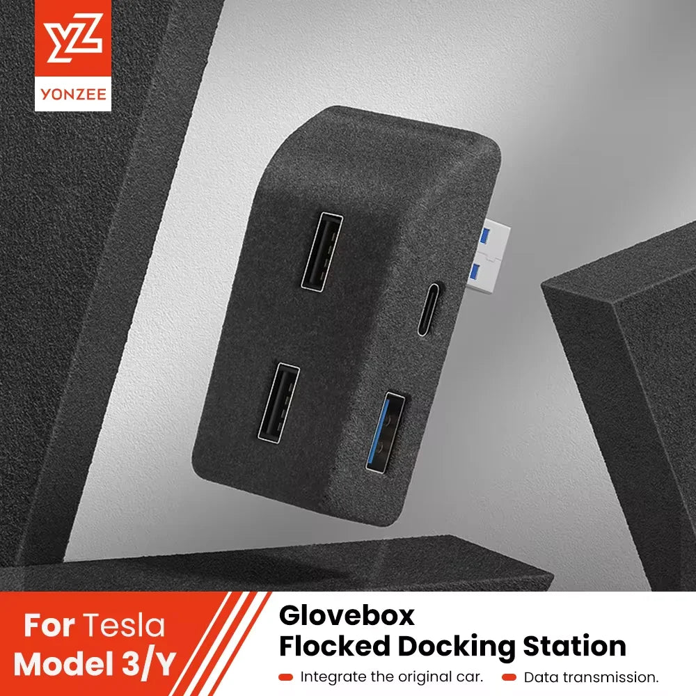YZ Glove Box Docking Station For Tesla Model 3 Y Highland Juniper Quick Charger 4 USB Shunt Hub Flocking Adapter Powered Splitte Beauty World Shop