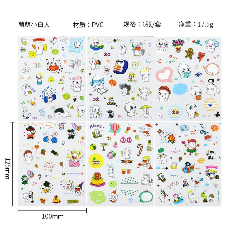 6Pieces/Set Transparent Pvc Waterproof Cartoon Sticker DIY Hand Account Decorative Stickers Kawaii Phone Cup Stickers Beauty World Shop