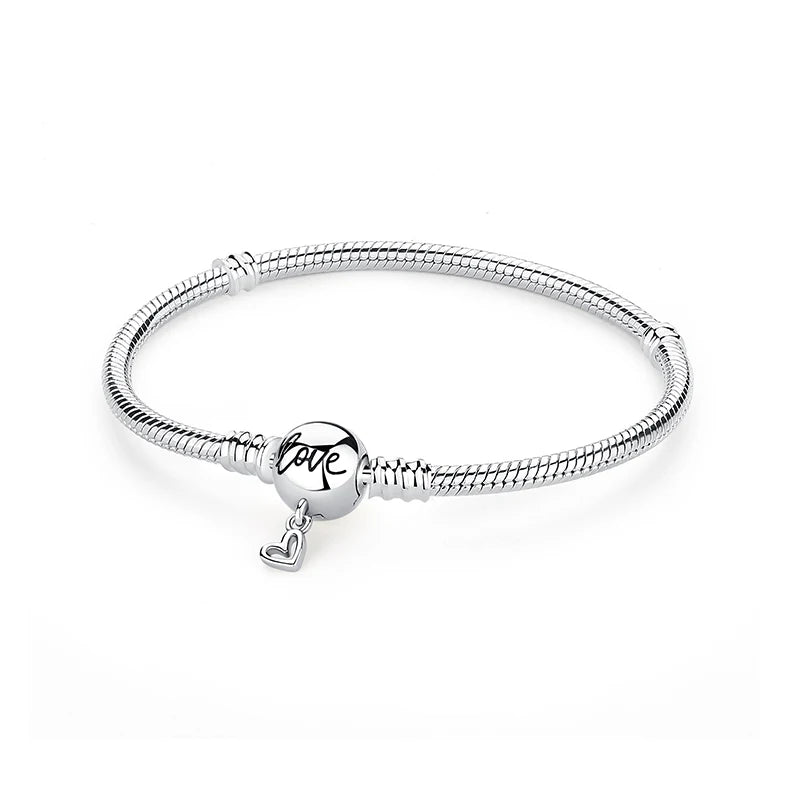 Original 925 Sterling Silver Bracelets Bangles Love Heart Clip Charms Beads Snake Chains For Women Rose Gold DIY Luxury Jewelry Beauty World Shop