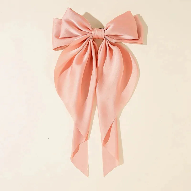 Korean Accessories Hair Clips for Women Girls Big Bowknot Solid Satin Long Ribbon Bows Spring Clamp Barette Cheveux Femme 2023 Beauty World Shop