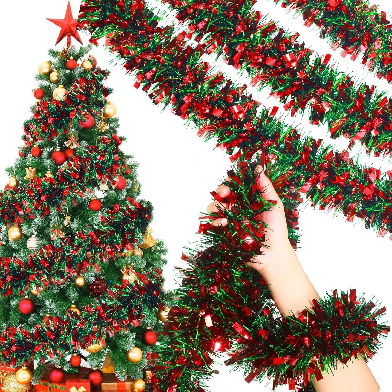Christmas Tinsel Garlands Decoration Bar Tops 2/10M Red Green Wreath Xmas Tree Ornaments Party Home Staircase Decor Pendant Prop Beauty World Shop