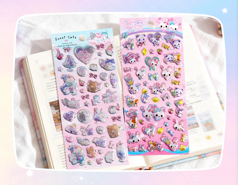 3 pcs/6 pcs Sweet Candy Pets Cat Coffee Cakes Flash Puffy 3D Stickers Scrapbooking Diy Diary Stationery Stickers School Supplies Beauty World Shop