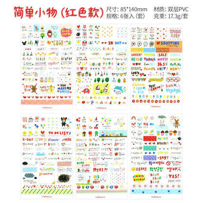 6Pieces/Set Transparent Pvc Waterproof Cartoon Sticker DIY Hand Account Decorative Stickers Kawaii Phone Cup Stickers Beauty World Shop