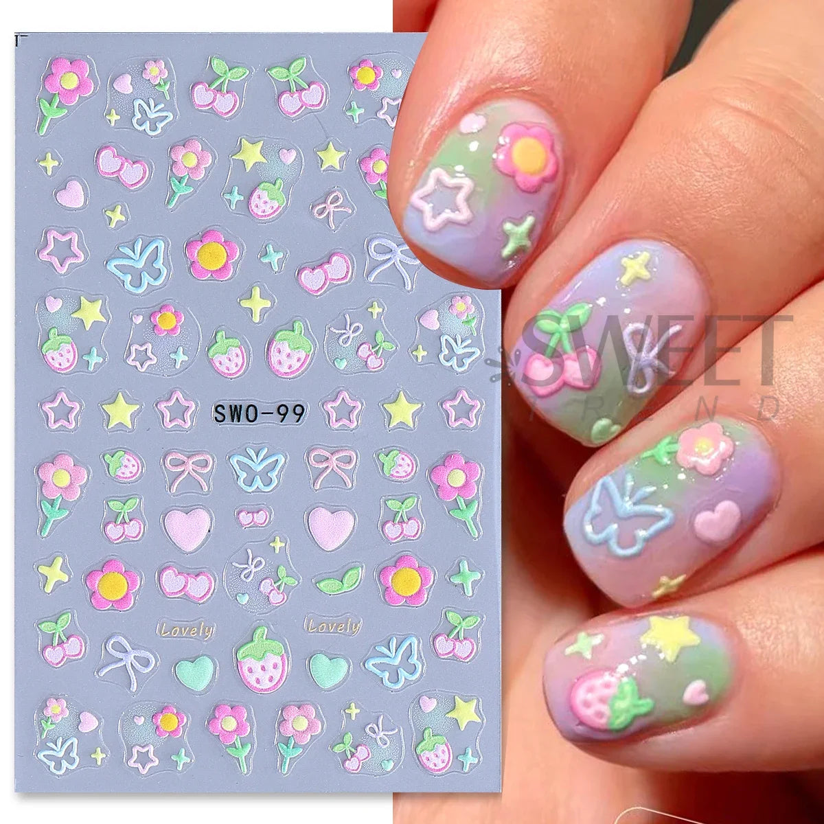 2pcs Sweet Element Nail Art Stickers Simple Flower Heart Cherry Strawberry Kawaii Decals Colorful Bow Butterfly Manicure Sliders Beauty World Shop