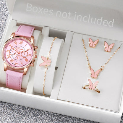 5/6PCS Fashion Women's Quartz Watch Leather Band Analog Wrist Watches Heart Rhinestone Jewelry Set(Without Box) Beauty World Shop