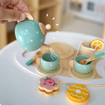Kids Wooden Tea Set Play House Pretend Make Tea Play With Teapot Teacup Afternoon Snack Role Playing Toys Boys Girls Gift Beauty World Shop