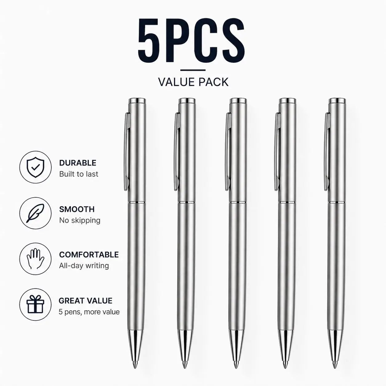 5/10/20Pcs Stainless Steel Ballpoint Pens, Silver Metal Medium Nib Smooth Twist Writing Pens for Office School Beauty World Shop