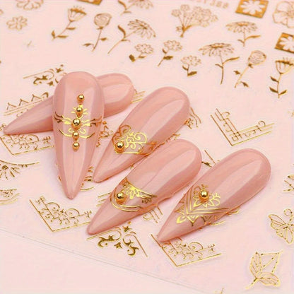 30 Sheets Golden Floral Nail Art Stickers - 3D Self-Adhesive Shimmering Leaf & Flower Designs for DIY Manicure Beauty World Shop