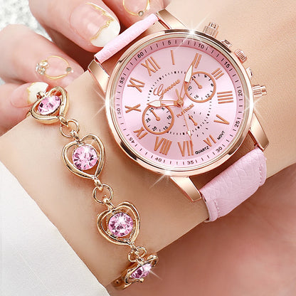 5/6PCS Fashion Women's Quartz Watch Leather Band Analog Wrist Watches Heart Rhinestone Jewelry Set(Without Box) Beauty World Shop