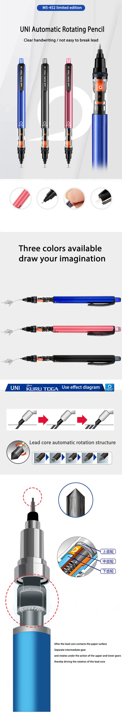 UNI KURUTOGA Mechanical Pencil M5-452 Creative Writing Continuous Sketch 0.5mm Lead Automatic Rotating Mechanical Pencil Beauty World Shop