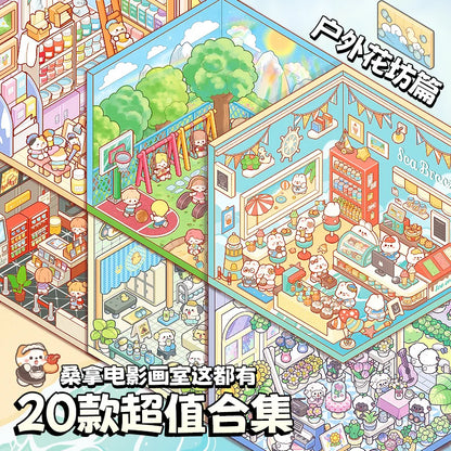 Mr Paper 45Pcs Scenes Cartoon Landscape Sticker Book Forest Village DIY 3D Sticker Cabin Scene Pocket Birthday Gift For Planner Beauty World Shop