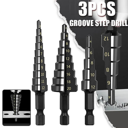 3Pcs HSS Straight Groove Step Drill Bit 3-12mm 4-12mm 4-20mm Nitride Black Hex Wood Metal Hole Cutter Core Drilling Tools Set Beauty World Shop