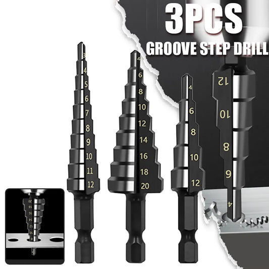 3Pcs HSS Straight Groove Step Drill Bit 3-12mm 4-12mm 4-20mm Nitride Black Hex Wood Metal Hole Cutter Core Drilling Tools Set Beauty World Shop