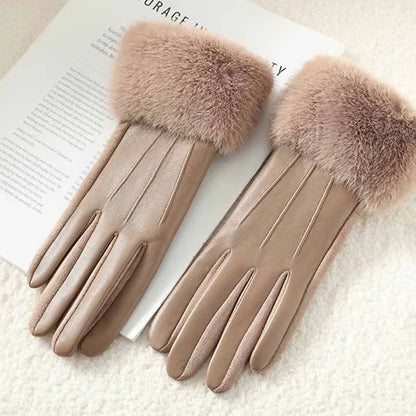 Winter Luxury Women's PU Leather Gloves Wrist Soft Faux Fur Trim Cuff Fashion Elegant Party Warm Touch Screen Drive Cycling Beauty World Shop