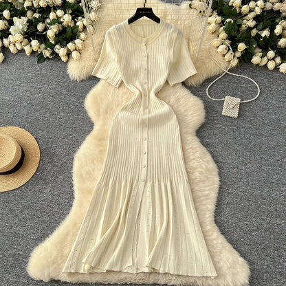 YuooMuoo Brand Fashion Vintage Turn-down Collar Knit Maxi Dress Elegant Single-breasted A-line Long Shirt Dress Lady Vestidos Beauty World Shop